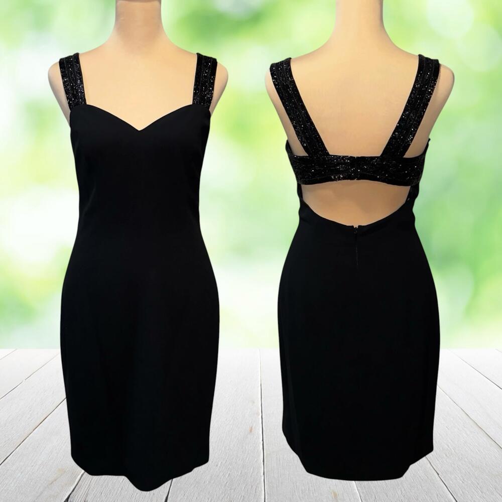 Vintage OLEG CASSINI Black Tie Sheath Dress Beaded Open Back Black LBD 90s Sz 2